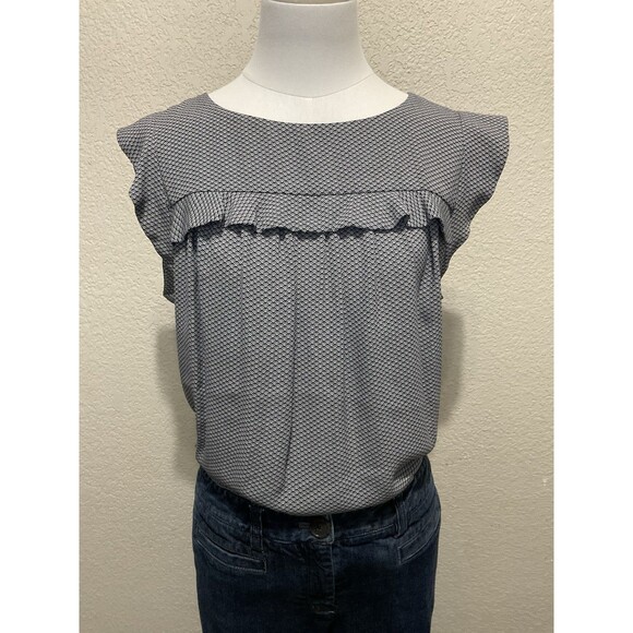 LOFT, Sleeveless Blouse, Pleated And Ruffle Details, Navy And White, Size: M - Picture 1 of 6